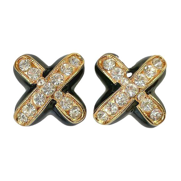 Black Enamel White Rhinestone Gold Plated X Marks the Spot Kiss Clip On Earrings - Picture 3 of 3